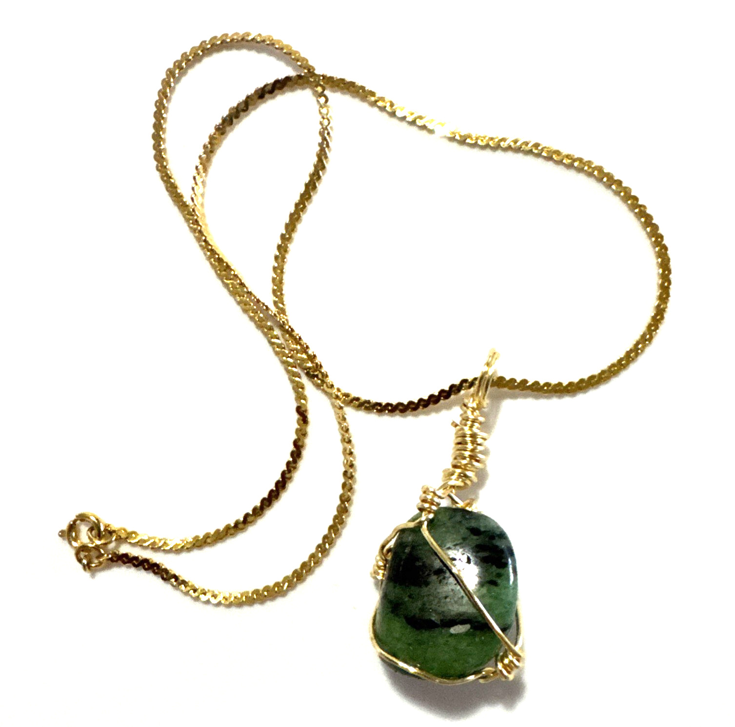 Pendant Necklace Green Aventurine Jewelry Gold Tone Genuine Stone Green Black