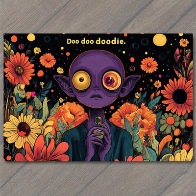 Art Print Doo Doo Doodie Purple Alien Big Eyes Wild Flowers Trippy Bizarre Funny