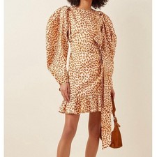 Ulla Johnson Rosario Dress Womens 4 Silk Leopard Print Puff Sleeve Mini