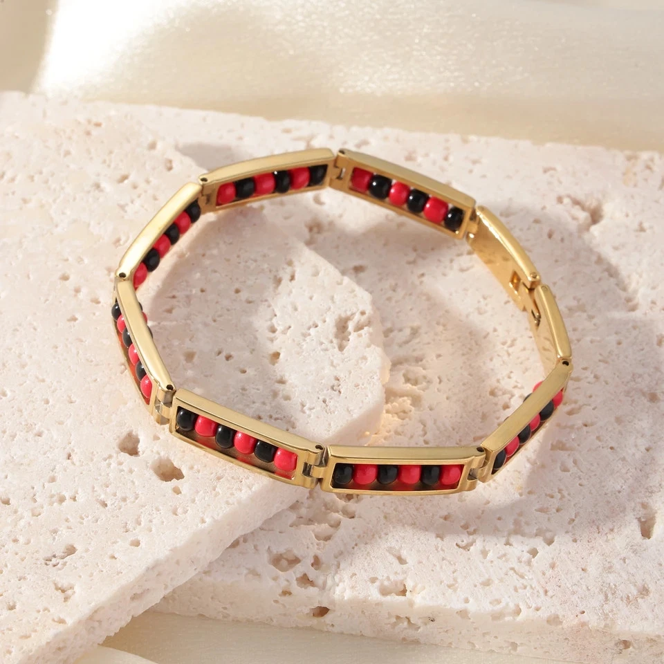 Stainless Steel Beaded Bracelet Women Colorful Adjustable Link Chain Jewelry - Image 2 of 4