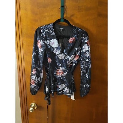 Yumi Kim Wrap Blouse Size XS Floral Black Pink Gray Peplum Long Sleeve NWT $128