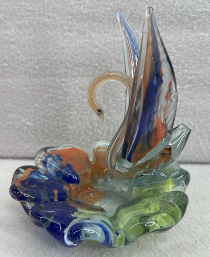 VTG Art Glass Swan Figurine Multicolor Flower Base Murano Style White Blue