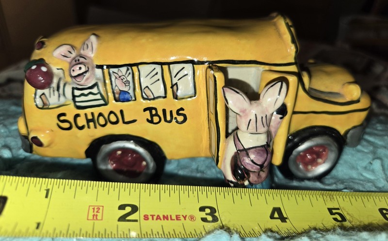 Vintage Blue Sky Clayworks 6 1/2" Yellow School Bus w/Pigs Boarding--Adorable