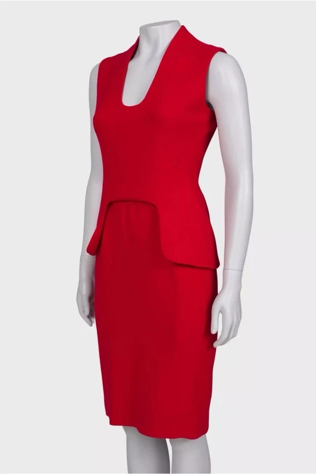 Vestido ALEXANDER MCQUEEN IT 46 UK 14 Rojo Lana Sin Mangas Peplum Hasta la Rodilla Foto 3 de 3