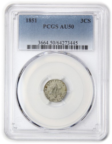1851 P PCGS AU50 - Silver Trime 3c Three Cent US Coin #63064A