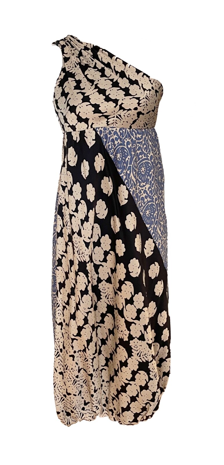 Tibi Black Blue White One Shoulder Silk Cocktail Dress Size 4-image