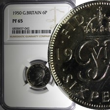 Great Britain George VI PROOF 1950 6 Pence NGC PF65 Mintage-18,000 KM# 875 (2)