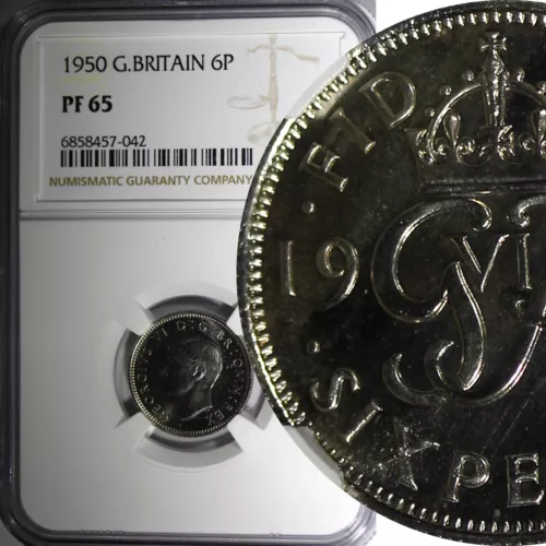 Great Britain George VI PROOF 1950 6 Pence NGC PF65 Mintage-18,000 KM# 875 (2)