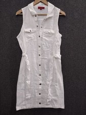 Guess Women's White Linen Belt Shirt Fitted Dress Collared Button Down Size L