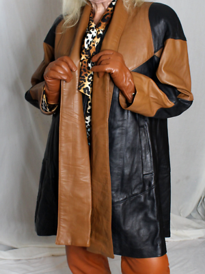 Womens Tibor Leather Coat Black Brown M Soft Lambskin Vintage 80s