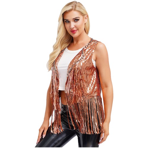 Women Vest Lapel Waistcoat Sparkly Shrug Tassel Cardigan Open Front Top Disco - Picture 26 of 41