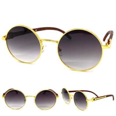 Mens Classy Elegant Sophisticated Retro SUN GLASSES Round Gold & Faux Wood Frame