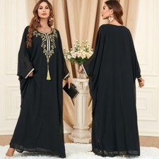 Muslim Dress Embroidered Abaya Black Bat Sleeve Loose Arab Islamic Robe Jalabiya