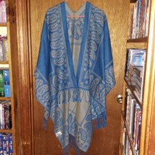 Blue Tan Fringed Cape Shawl Wrap