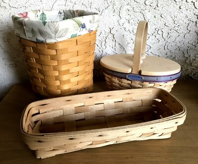 3pcs Signed Longaberger Baskets USA Century - Long - Upright w Liner 1994/99/00