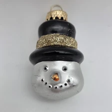 Vtg 2" Blown Glass Snowman Head W/ Black Top Hat Christmas Ornament - Quick Ship