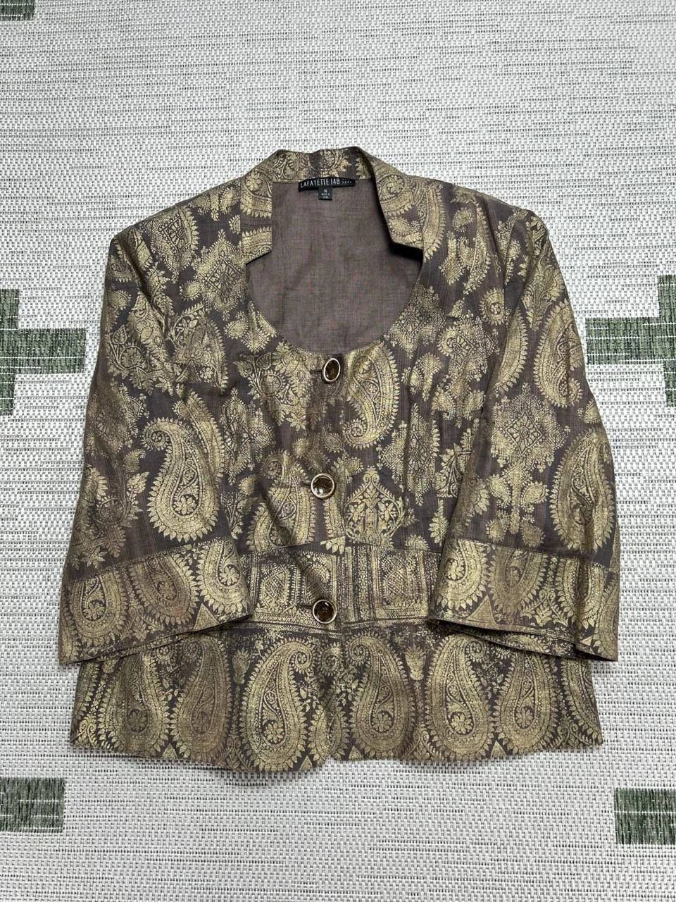 Lafayette 148 Jacket Womens 18 Brown Gold Paisley Linen Pea Coat