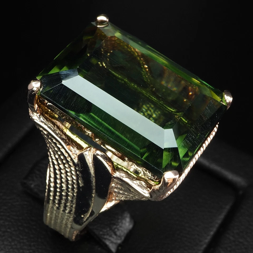 Anello in argento sterling 925 con tormalina verde foresta 32,20 ct e oro... - Immagine 3 di 4
