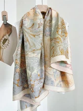 Sallys Garden Flowers Print 70% Cashmere & 30% Silk Wrap Scarf 2 Face Shawl 53"