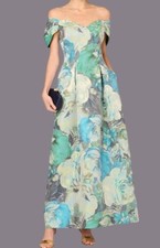  595 Aidan Mattox Off Shoulder Floral Jacquard Pleated Gown Size: 6 -Blue Multi