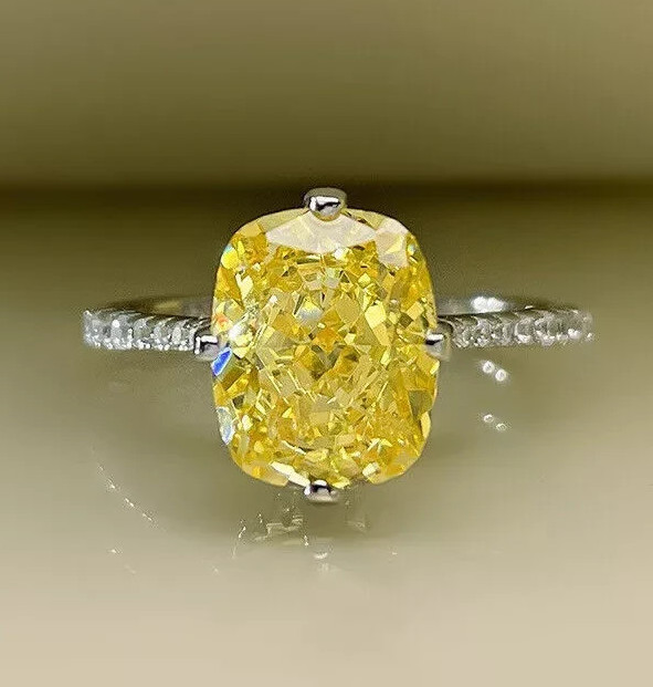 6.00 Ct Certified Cushion Cut Natural Yellow Diamond Ring VVS1 White Gold Finish