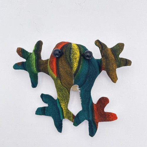 Vintage Handmade Stuffed Frog Brooch Colorful Fabric Button Eyes Thailand