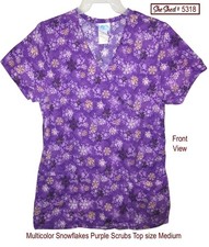 Multicolor Snowflake Scrubs Top Size Medium Purple Winter Pattern Cotton - VGC
