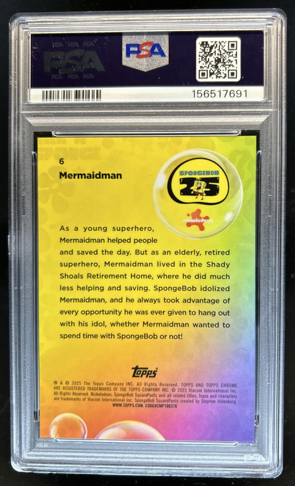2025 Topps Chrome SpongeBob Sapphire Mermaidman Gold Refractor #/50 PSA 9 view 2