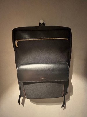 Paul Smith Rucksack Backpack Schwarz Leder Nylon Streifen Akzent aus Japan