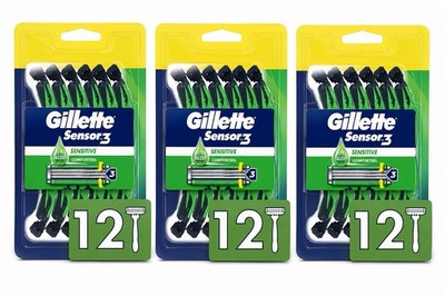 (3 PACK) Gillette Sensor3 Sensitive Men's Disposable Razor, 12 Razors (36 Total)
