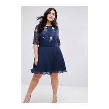 ASOS Womens 22 Navy Pleat Lace Sleeve Floral Embroidered Knee Length Dress