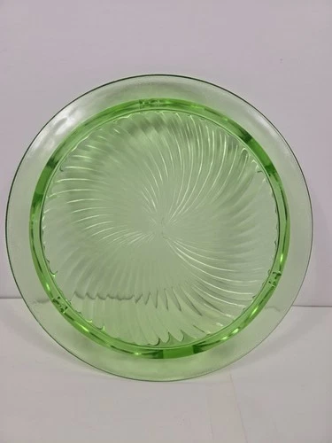 Anchor Hocking  Green Depression Glass Cake Plate Swirl Etched Footed 10"