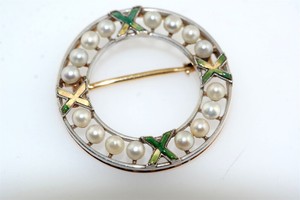 Deco-Vintage-Seed-Pearl-Enamel-14k-Yellow-Gold-Circle-Pin-Brooch