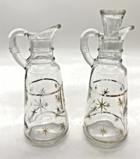 Vintage Oil And Vinegar Cruets MCM Atomic Starburst Glass Clear Gold 6.25”