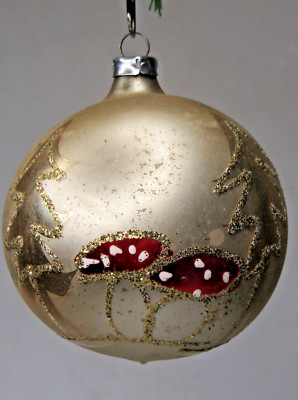 Vintage Glass Pictured Stencil Mushrooms w Tree BALL Christmas Ornament Germany