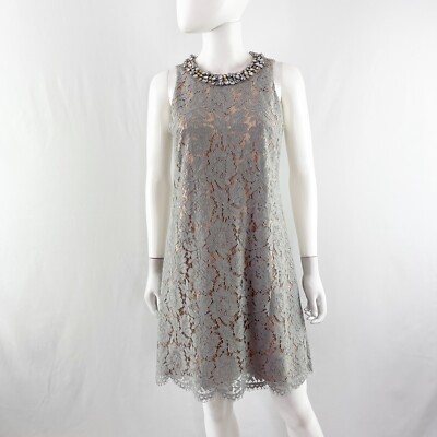 Eliza J. Gray Lace Shift Dress Size 4 Sleeveless Rhinestone Collar