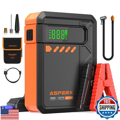 Portable Jump Starter with Air Compressor, 3000A Car Jumper, 150PSI Cordless 