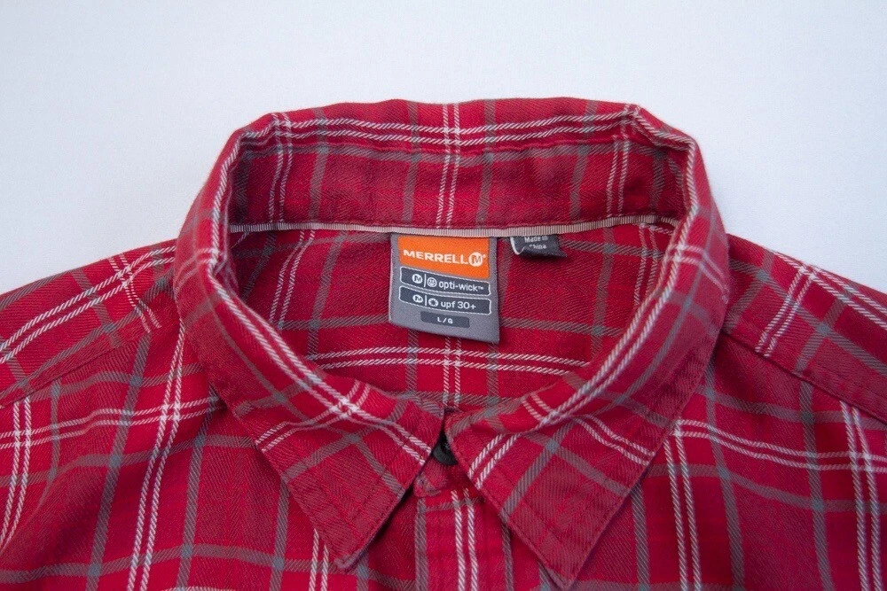 merrell opti wick upf 30 button up long sleeve plaid shirt