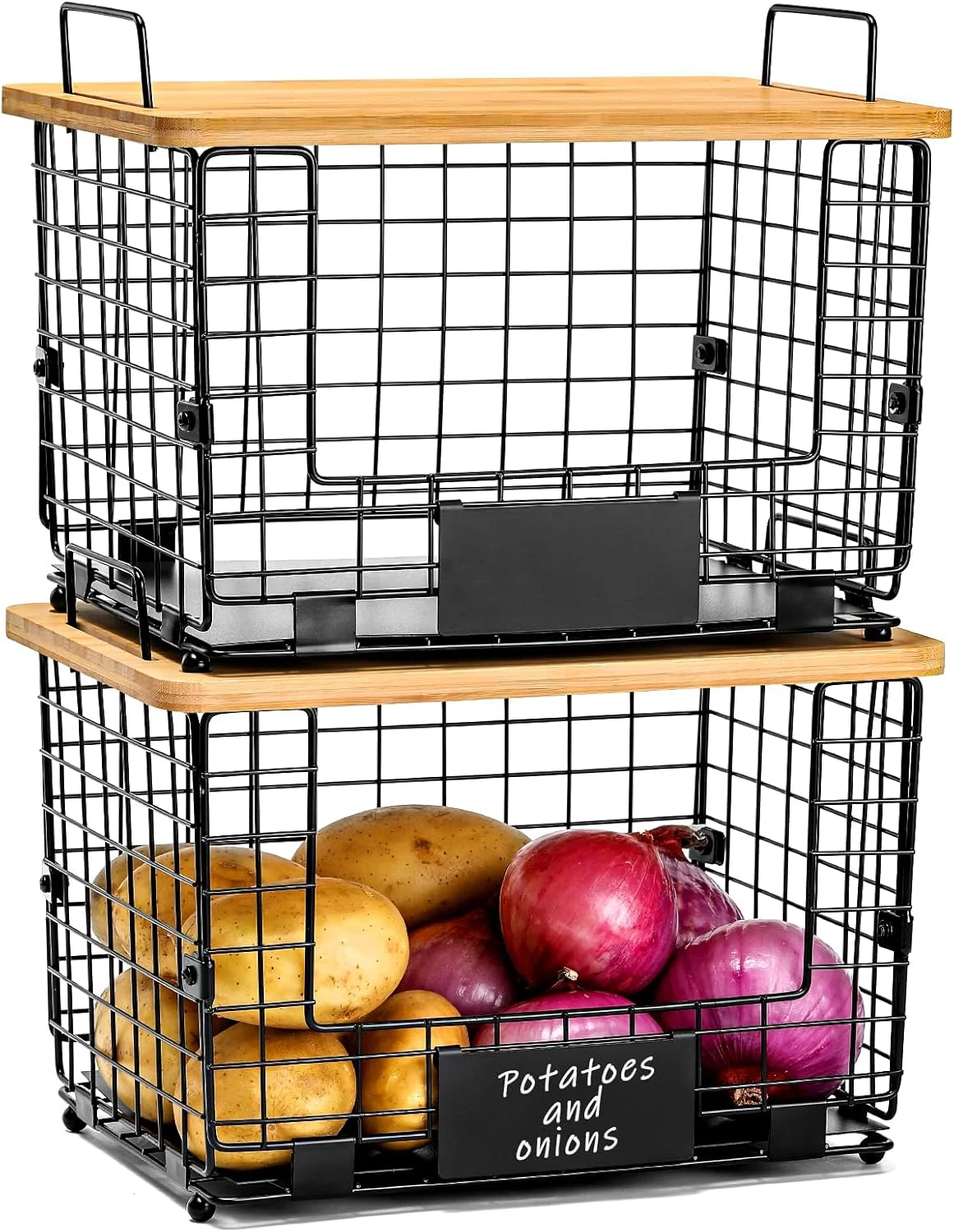 2pcs Stackable Wire Basket w/ Bamboo Top, Kitchen Counter, Pantry Organizer- XL