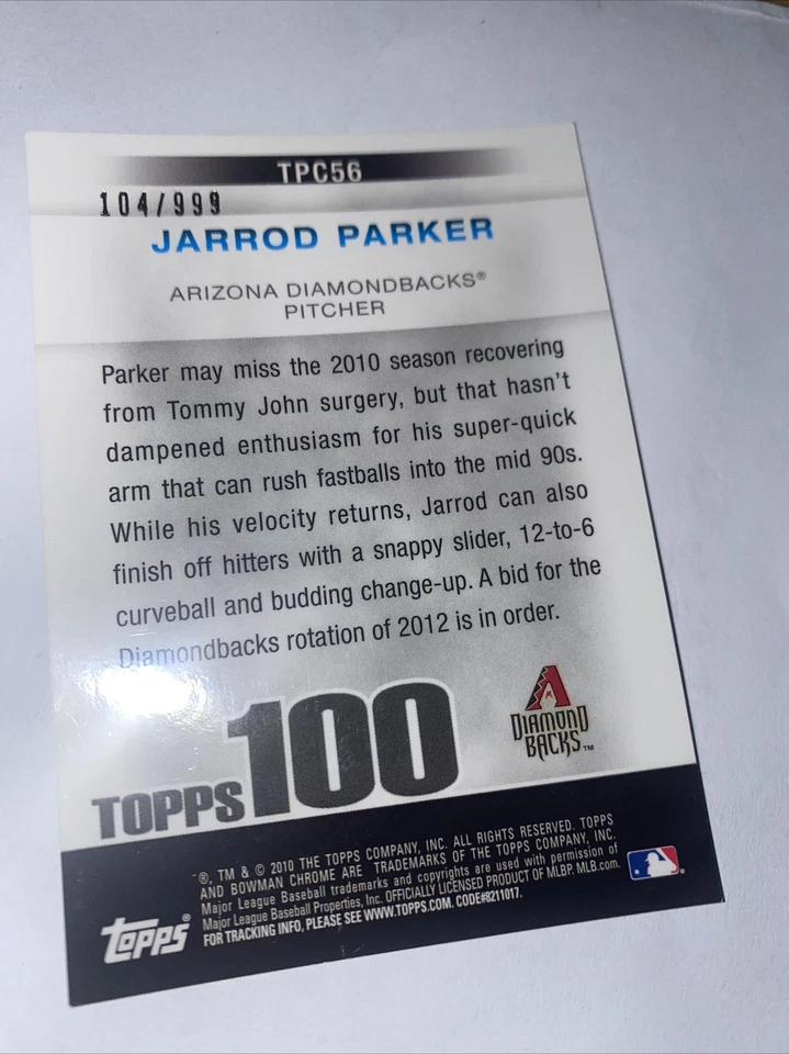 Tarjeta de béisbol 2010 Bowman Chrome Topps 100 Prospects TPC56 Jarrod Parker/999 705 Foto 2 de 2