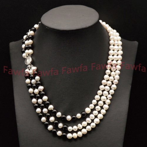 3 Rows White Cultured Pearl & Black Agate Round Gems Necklace Bracelet Earrings - Picture 4 of 12