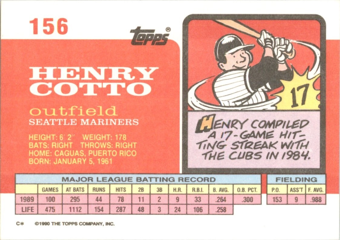 1990 Topps Big Henry Cotto Seattle Mariners #156 | eBay