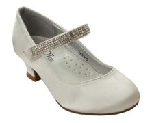 GIRLS WHITE SATIN DIAMANTE STRAP LOW HEEL WEDDING PARTY COMMUNION SHOES SIZE