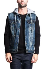Victorious Men's Distressed Detachable Hoodie Denim Vest    S ~ 5XL    DK108