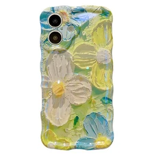 Cute Case for iPhone 16 15 14 13 12 Pro Max Oil Painting Floral Curly Wave Frame