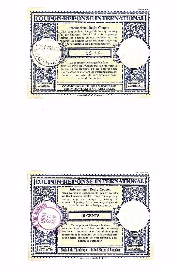 AUSTRALIA Y EE. UU. UPU Cupones de respuesta internacional 2 P gina cubiertas Samwells AQ372