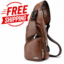 Men's brown sling backpack with USB charging port.