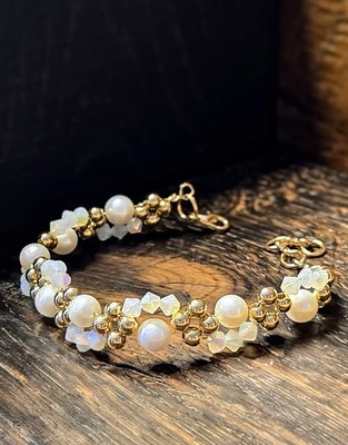 Delicate White Opal AB & Genuine Freshwater Pearl In Handwoven Elegant Bracelet