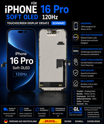 Display für iPhone 16 Pro Soft OLED 120Hz Touchscreen Bildschirm Ersatz Schwarz