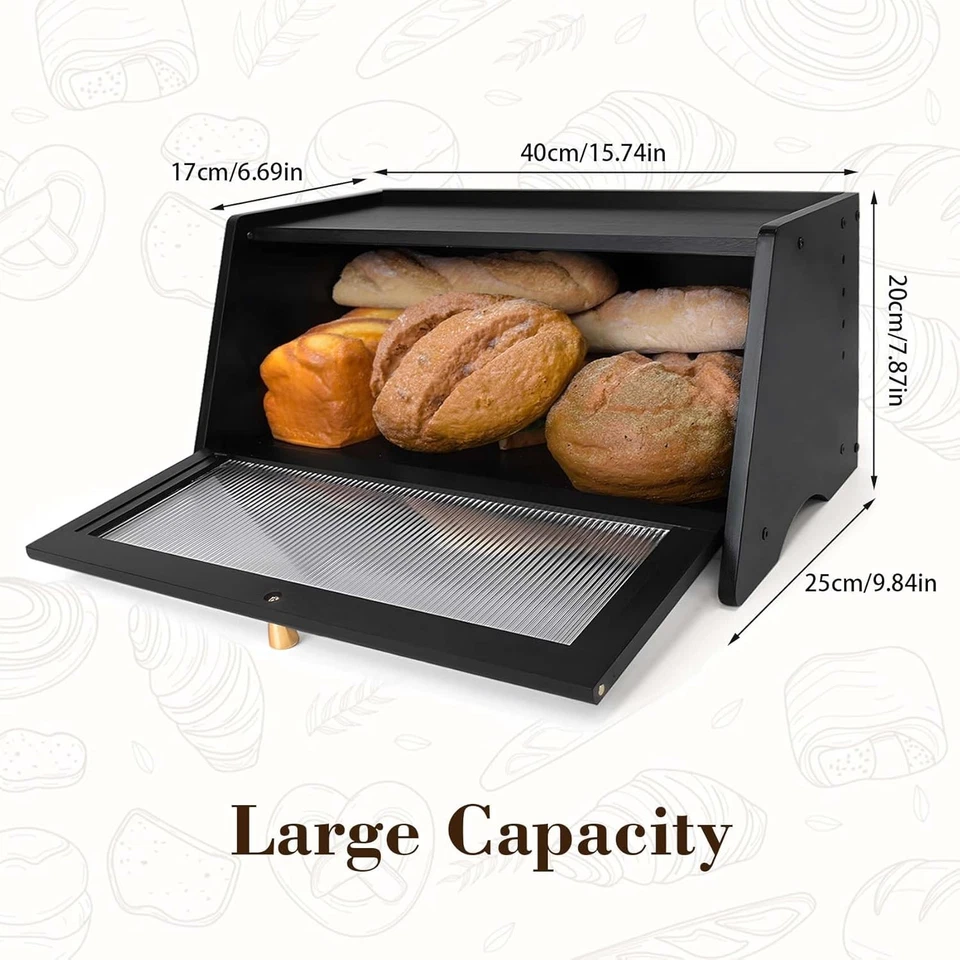 Настольная хлебница бамбуковая с окном, большой черный хлебный бункер вентиляционные отверстия для хранения - Изображение 4 из 4
